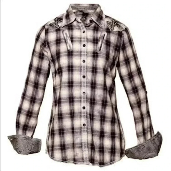 Roar Tops - ROAR Western Button Front Shirt Joeley Purple Plaid Rhinestone Size XL